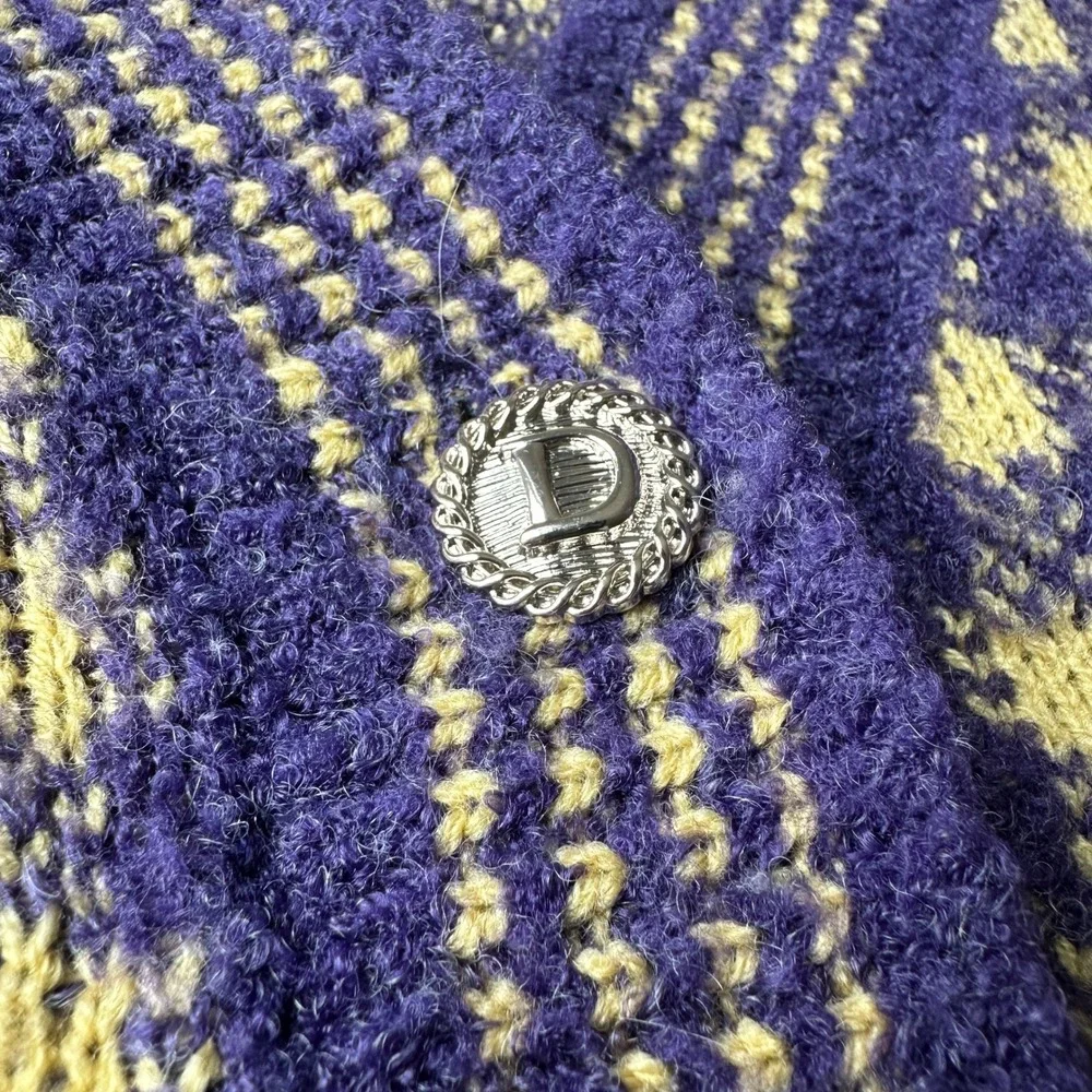Check Tweed Yellow Purple Fuzzy Knit Cardigan V-Neck Button Front Sweater